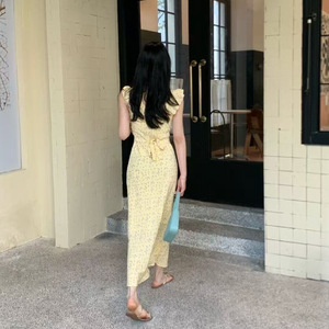 French Style Floral Print Dress Women Summer Ruffled Neckline Yellow Slim Fit Casual Beach Vacation Dress - Product Image 2