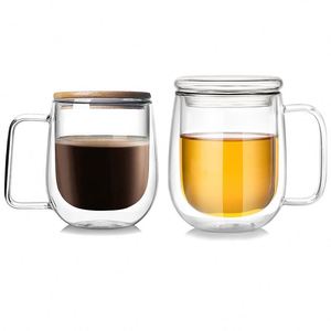 Mug à café isotherme en verre double couche résistant à la chaleur avec poignée et couvercle, logo personnalisable, adapté à l'exportation transfrontalière - Product Image 3