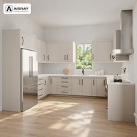 Meuble de cuisine en contreplaqué avec portes en chêne blanc, aménagement en U style Shaker, dimensions personnalisées, rangement par tiroirs et livraison en kit