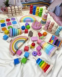 Pirámide Montessori madera natural eco juguete geométrico apilamiento formas de juguete anillos de apilamiento de madera pirámide arco iris para niños pequeños - Product Image 5