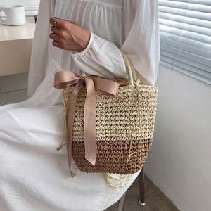 Bolso de playa Rattan <span class=keywords><strong>Bali</strong></span> Straw Barrel Monedero Bolsos a granel Tejido de haya con borde Satén Tote Tendencia Nudo <span class=keywords><strong>japon</strong></span>és - Product Image 5