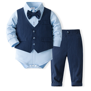Catpapa Vente en gros Ensemble 4 pièces <span class=keywords><strong>pour</strong></span> bébés garçons : Barboteuse bleu clair, Gilet rayé marine, Pantalon et Nœud papillon – Tenue de cérémonie - Product Image 1