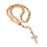 Collier pendentif croix chapelet en perles de bois plaqué argent antique, vente en gros, pour femmes et hommes