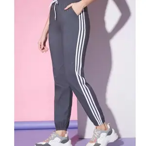 Wholesale Casual Cotton Women Striped Relaxed Grey Cotton Blend Drawstring Jogger Trousers For Woman