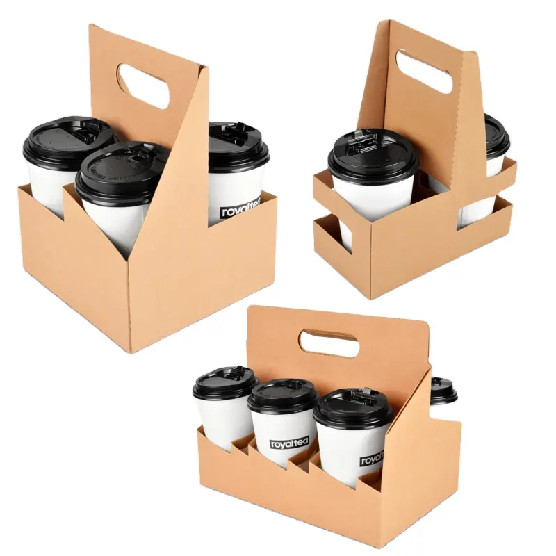 Customized Paper Cup Holder 2/4/6 Coffee Paper Cup Kraft Holder Take Away Carrier