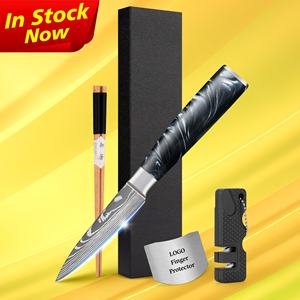 سكين تقشير الفواكه الياباني مصنوع من المعدن الكربوني الدمشقي المقاوم للصدأ مقبض 3 بوصة من الراتنج الأسود والبوسديان سكاكين تقشير الفواكه مع علبة هدايا - Product Image 1