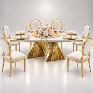 Table de salle à manger haut de gamme en acier inoxydable doré avec plateau blanc et bases à double ventilateur, fournisseur en gros pour banquets de mariage - Product Image 2