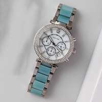 Montre-bracelet chronographe unisexe MKOriginals, lunette sertie de diamants, bracelet en métal bicolore, cadran en nacre, date, mouvement à quartz