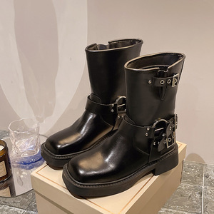 Bottes mi-mollet pour femme style moto vintage 2026, décontractées, à bride à boucle, type ingénieur, à talon épais, en cuir microfibre, support OEM ODM - Product Image 3