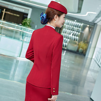 Ensemble de veste, chemise et jupe sur mesure de couleur bleu, rouge et noir classiques pour l'équipage de cabine de compagnie aérienne, hôtesse de l'air, uniforme de stewardess