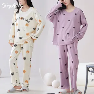Pijamas femininos de manga comprida 100% algodão, roupa de salão de alta qualidade, gola redonda, roupa de verão para casa