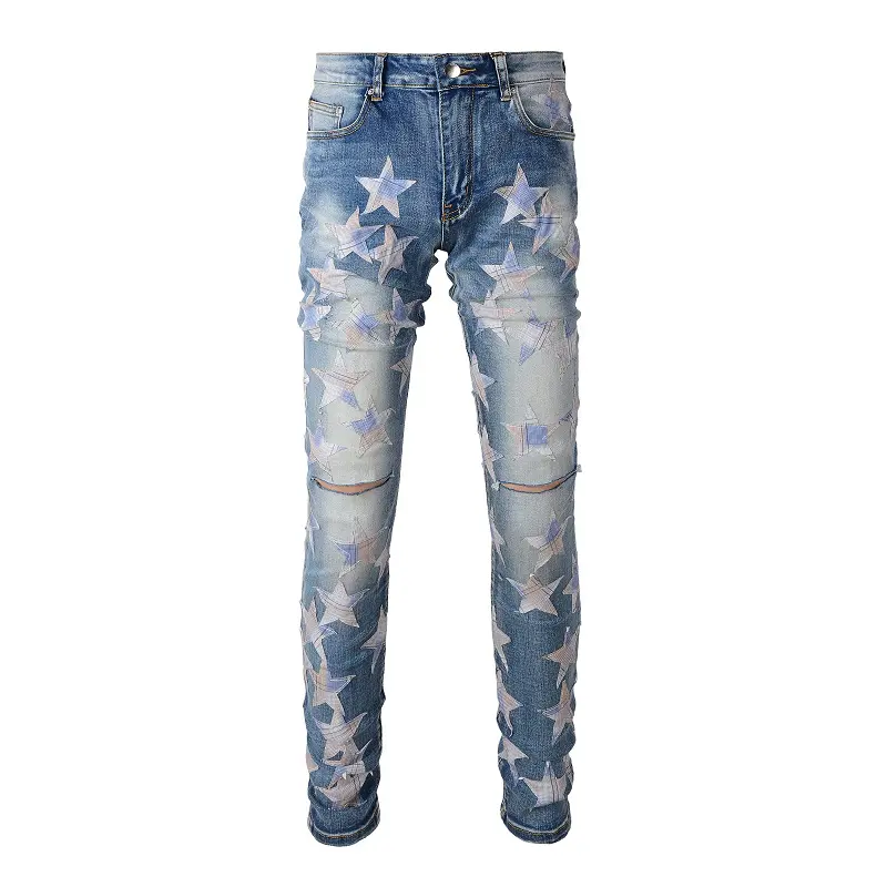 Rts עבור 874 זרוק משלוח מחודד ג'ינס מכנסיים רפויים קרעים ג'ינס כוכב עם תיקון ג'ינס לגברים