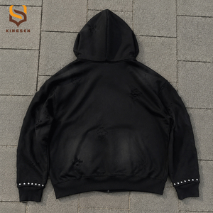 ผู้ผลิตเสื้อผ้าสตรีทแวร์ ปักลายตามสั่ง วินเทจ แอซิดวอช ผ้าเฟรนช์เทอร์รี่ แต่งดีเทลแบบดิสเทรส ประดับคริสตัล แอซิดวอช เสื้อฮู้ดซิป - Product Image 2