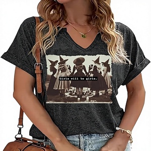 T-shirt à manches courtes pour femme, col en V, motif sorcière d'Halloween, drôle, féministe, Girl Power, 100% coton, hauts d'automne - Product Image 3
