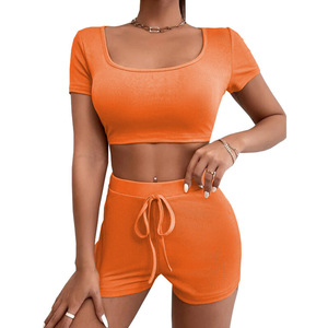 OEM Women Two Piece <b>Set</b> <b>Square</b> Neck Drawstring Cropped Slim Fit Summer Casual Streetwear Outfit Screen Printing Logo - Product Image 4