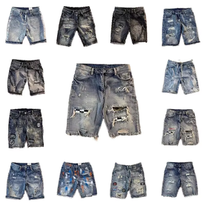 Shorts <span class=keywords><strong>en</strong></span> <span class=keywords><strong>jean</strong></span> tissé décontractés pour <span class=keywords><strong>homme</strong></span>, taille basse, coupe droite, déchirés, longueur genou, effet vieilli, style vintage, pour l'été - Product Image 1