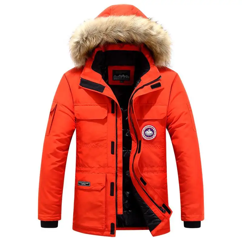 Kanada toptan erkek kış kapitone ceket artı boyutu Parka kürk dekorasyon ile su geçirmez hafif Varsity tarzı ceket