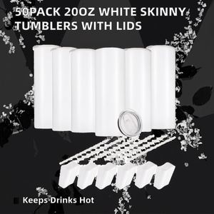 50Pack Stainless Steel <b>Plastic</b> Vacuum Sublimation <b>Tumblers</b> 20 oz Bulk White with Lid and Straw for Business Gifts - Product Image 2