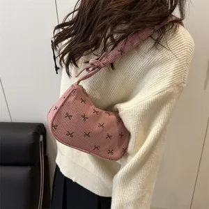Casual Bow Women Corduroy Shoulder Bags Lightweight Portable Ladies Underarm Bag Simple Female Pleated Strap Handbags <b>Purse</b> - Product Image 4