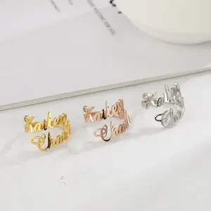 R.Gem. Dainty Engagement Open Finger Personalized Double Custom Name Ring For Women Men