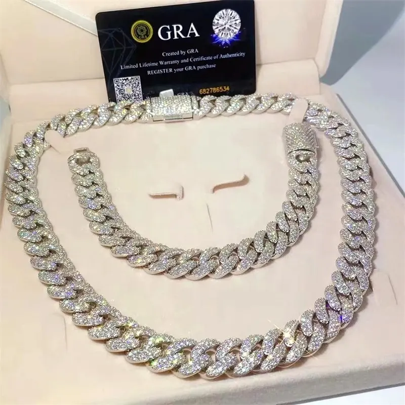 Passes tester Moissanite Diamond cuban chain 925 sterling silver necklace ice out cuban chain moissanite cuban link chain