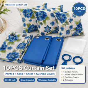 Lot de 10 rideaux occultants à imprimé floral 53x84 pouces avec housses de coussin transparentes et attaches décoratives – Vente en gros - Product Image 1