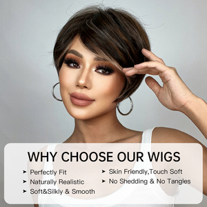 Usine Livraison Rapide Court Pixie Cut Brown Highlight Perruques Synthétiques Naturel Coloré Perruque Couches avec Frange Moelleux pour les Femmes - Product Image 4