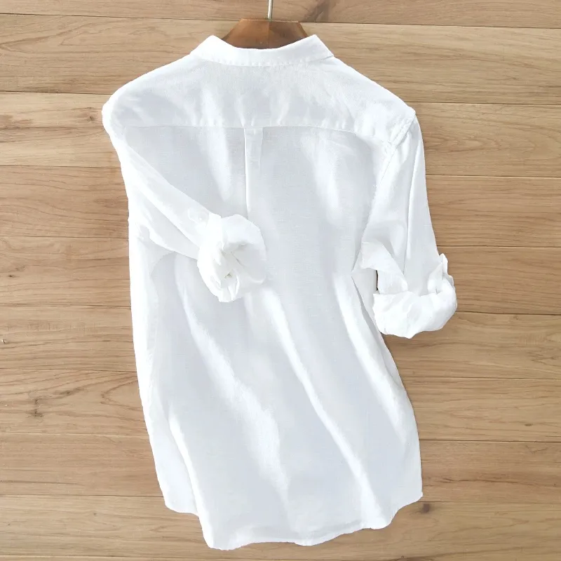 Spring Autumn linen shirt men's long sleeve casual white shirt solid color loose shirt