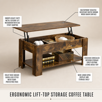 Table basse pliante multifonctionnelle marron pour salon, avec plateau relevable et motif en bois noir