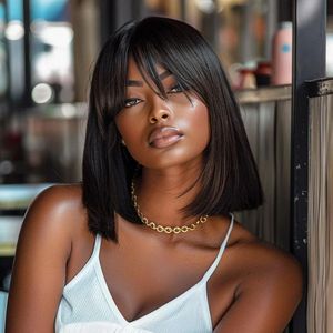 วิกผมบ๊อบสั้นตรงพร้อมหน้าม้า 12-18 นิ้ว ผมบราซิลแท้ เรมี่ เวอร์จิ้น แฮร์ วิกผมแบบไล่ชั้น สีดำ สำหรับผู้หญิง - Product Image 2