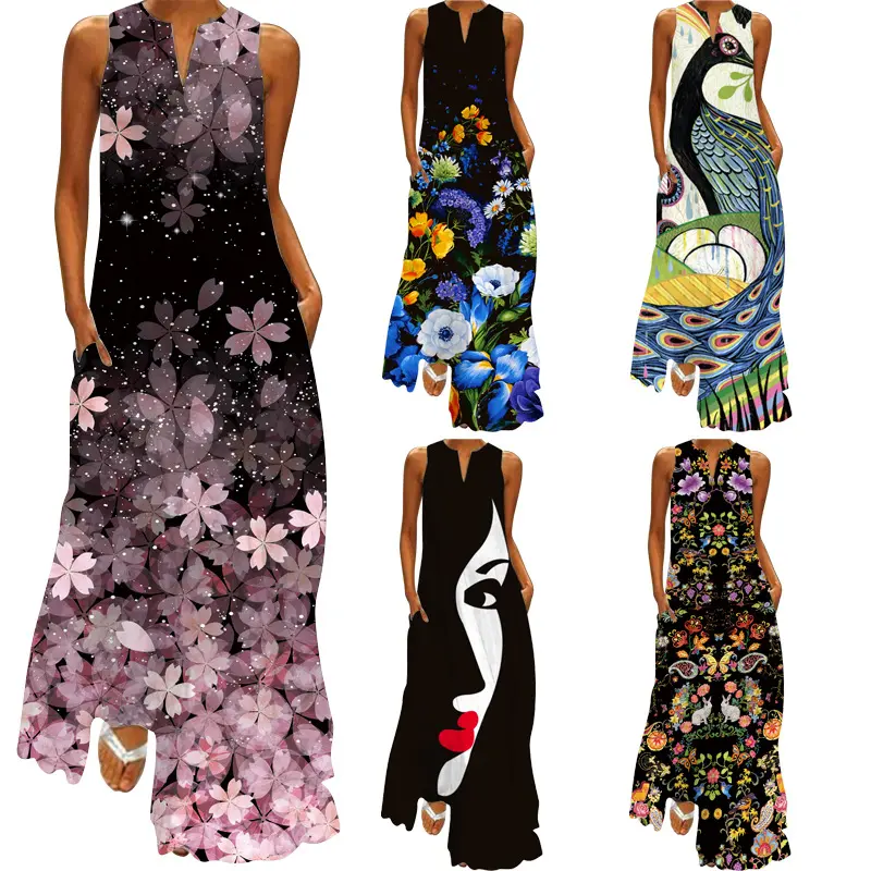 BR3156 Summer new women's dress printed V-neck sleeveless jumpsuit dress 2023