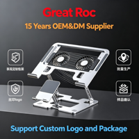 Support pour ordinateur portable Great Roc 2 en 1 avec support pour téléphone, ventilateurs de refroidissement, réglable, pliable, en acier carbone, pour ordinateur portable et tablette