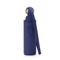 Étui cylindrique pour rouge à lèvres en PU grainé bleu marine, isolant thermique, anti-chauffage, portable, avec sangle de poignet et anneau métallique