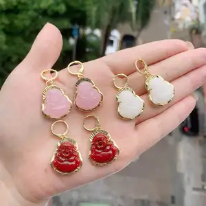 New Arrival Brass Gold Plated Inlay Purple Pink Red White Black Yellow Green Laughing Maitreya Buddha Real Jade Drop Earrings