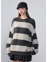 Pull-over ample à col rond pour femme en cachemire pur à 100 %, rayé, vintage, avec ourlet et poignets côtelés, chaud et doux pour l'hiver