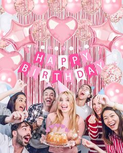 Decorazioni Rosa per Feste di Compleanno, Striscione 'Buon Compleanno', Palloncini con Coriandoli a Forma di Cuore <span class=keywords><strong>e</strong></span> Stella, Ghirlande <span class=keywords><strong>e</strong></span> Decorazioni per Feste - Product Image 2