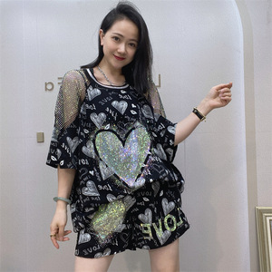 Women's Summer Chiffon Shorts Set <b>Heart</b> Print Two Piece Outfit Casual Streetwear - Product Image 4