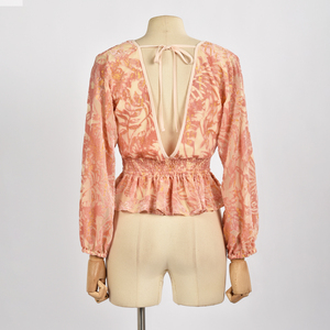 Chemise à manches longues col en V 100% polyester de qualité supérieure, haut à manches longues en velours brûlé à motifs floraux, très vendu - Product Image 3