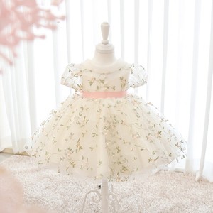 Robe de princesse pour bébé fille d'un an, manches bouffantes brodées, tissu en tulle floral, élégante et moelleuse, première robe de perles pour tout-petits - Product Image 3
