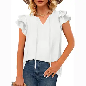 Factory Price Low MOQ Fashionable Cute Tiered Ruffled Sleeve Designer Drawstring V Neck Tops For Women Blouse