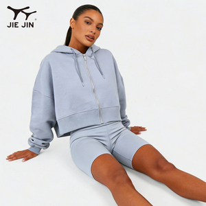 JIEJIN Set Sportivo Personalizzato 2 Pezzi: Felpa Crop Top con Cappuccio e Pantaloncini in 100% Cotone per Attività all'Aperto - Product Image 3