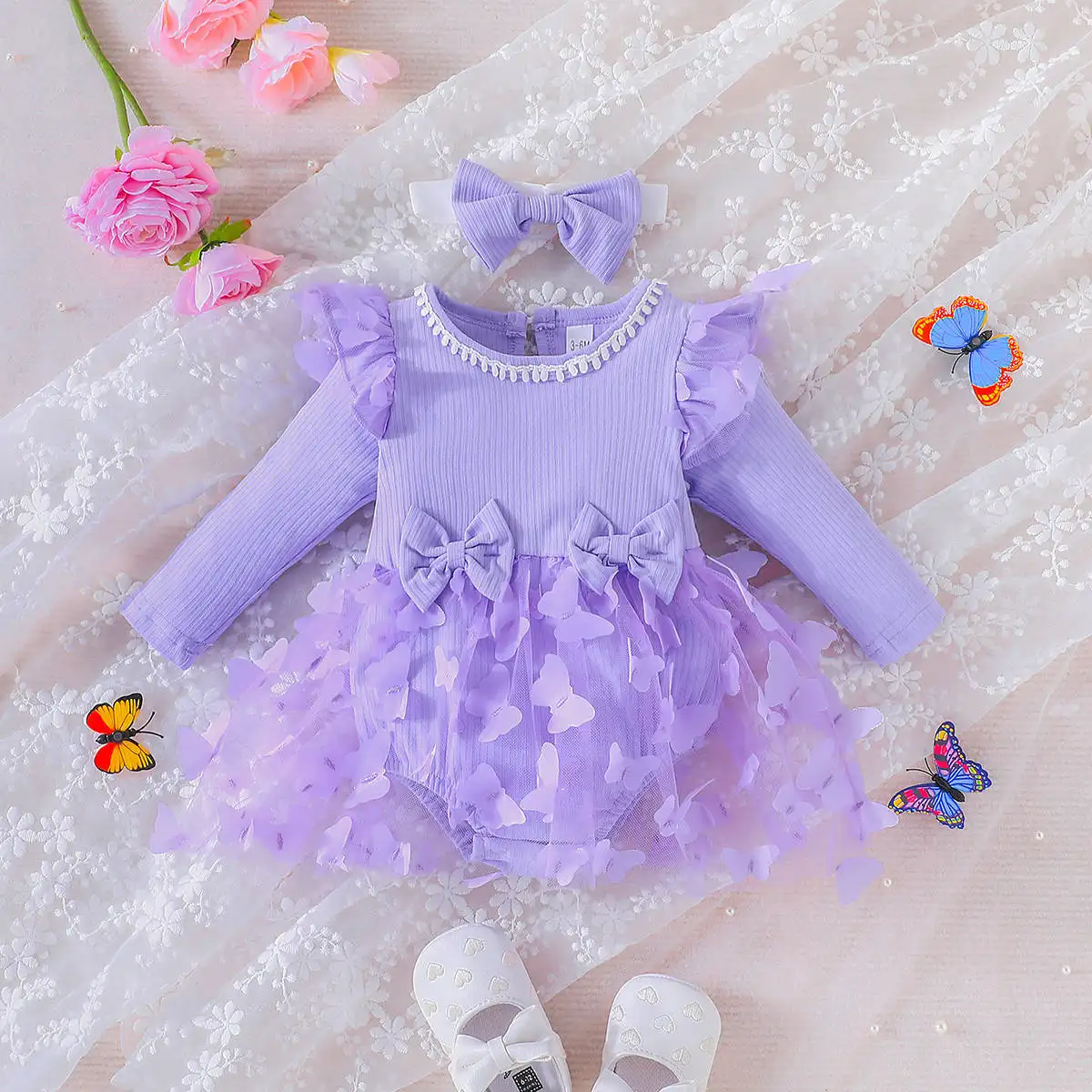 Gaun Harper segitiga bayi baru 2024 Bodysuit lengan panjang manis untuk anak perempuan pakaian anak-anak bayi Creeper