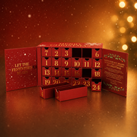 Calendrier de l'Avent à 24 tiroirs pour bijoux, boucles d'oreilles et bagues, boîte rigide en feuille d'or rouge, compte à rebours de Noël, logo personnalisé, MOQ 100 pièces