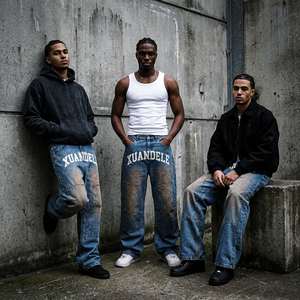 En gros, Jeans vintage délavés à l'acide pour hommes, imprimés lettres, en denim épais, coupe baggy, style streetwear rétro - Product Image 1