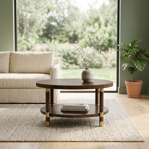 Table basse ronde en bois mobile avec étagère inférieure, design traditionnel, apparence moderne, fonction de rangement pour salon - Product Image 4