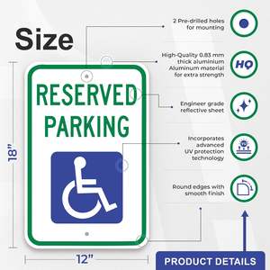Panneau de stationnement réservé, panneau de stationnement pour handicapés 18 x 12 pouces, réfléchissant de qualité ingénieur (EGR), aluminium sans rouille - Product Image 2