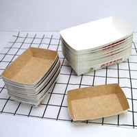 Herbruikbare, biologisch afbreekbare, wegwerpbaar, rechthoekige bakjes voor hotdogs, feestjes, barbecues, picknicks, snacks, fruit, voedsel; bruine kraft, gecoat, geëmbossed.