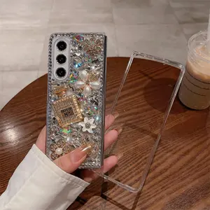 luxury bling rhinestone perfume bottle phone case for samsung galaxy z fold 5 4 3 2 glitter crystal pearl flowers clear cover