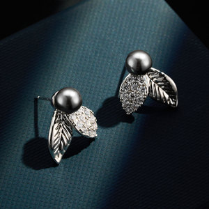 Double Leaf Pearl Stud <b>Earrings</b> With Micro Pave Zircon 925 Silver <b>Posts</b> For Everyday Wear - Product Image 4