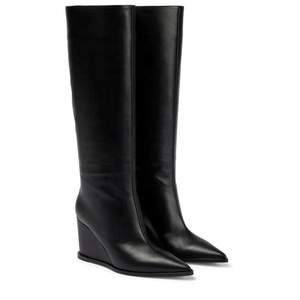 Bottes hautes pour femmes à jambes larges, taille 46, bout pointu sexy, chaussures à talons compensés, bottines en cuir de vache - Product Image 6